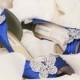 Wedding Shoes -- Royal Blue Kitten Heel Peep Toe Wedding Shoes with Silver and Blue Crystal Heel, Crystal Butterflies and Message on Sole