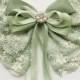 French Lace Fabric Oversized Bow Barrette, Vivian, Pastel Green - big hair bow, large bow, pearl, wedding headpiece