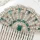 Original 1920s Emerald Green Rhinestone Hair Acessory or Sash Brooch, Antique Art Deco Pave Bridal Fan Pin or Hairpiece Vintage Wedding Comb