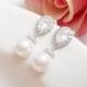 Swarovski Pearl And Cubic Zirconia Bridal Drop Earrings Teardrop CZ And Pearl Bridal Earrings Simulated Diamond Earrings FREE US Shipping
