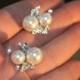 Double pearl and crystal leaves bridal post earrings, clip ons, posts