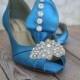 Wedding Shoes -- Turquoise Peep Toe Wedding Shoes with Rhinestone Applique and Rhinestone Buttons