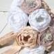 Heirloom brooch bouquet. Shantung and dupioni fabric peony flowers in blush, champagne and white.