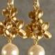 Pearl Cherry Blossom Dangle Gold Bridesmaid Earrings, Pearl Earrings, Gold Earrings, Bridesmaid Jewelry, Wedding Earrings (3488Wnr)