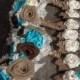 Handmade bridal bouquets with natural and chocolate brown burlap and light teal blue silk flowers