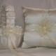 Ivory Cream Satin With Ivory Cream  Ribbon Trim Flower Girl Basket And Ring Bearer Pillow Set 2