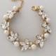 Wedding Bracelet - GOLD Bridal Bracelet, Swarovski Crystals, Swarovski Pearls, Leaf Bracelet, Pearl Bracelet, Crystal Bracelet - CLAUDIA