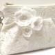 Wedding Clutch Purse Zippered Wristlet Ivory Cream Lace with Flowers