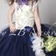 Flower Girl Dress in Ivory Satin Rosette and Navy  Flower Girl Dress Wedding Flower Girl Dress All Sizes  Girls