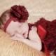 Maroon Satin and Tulle Puff Blossom Headband - Newborn Baby Hairbow - Little Girls Hair Bow - Autumn Burgundy