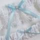 White Lace Garter Set with Light Blue Ribbon Bow and Crystal Finding