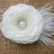 Bridal Soft White Flower Hair Clip w/ Pearl Rhinestone Center w/ Russian Veiling & Feathers - Womens White Flower Clip