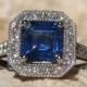 Blue Sapphire Engagement Ring, Certified Untreated Ceylon Asscher Cornflower Blue Sapphire in White Gold Diamond Halo Engagement Ring