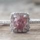 Padparadscha Cushion Sapphire Diamond Halo Engagement Ring in 14K White Gold
