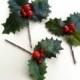 holly hair pins, holiday hair accessories, girls christmas hair clip, holly and ivy, green floral hairpiece, red flower hair piece