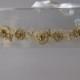 Gold Beaded Crystal Flower Halo Headband with Ivory Satin Ribbon Ties, for weddings, bridesmaid, parties, special occasions
