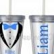 Ring Bearer Gift - Tumbler Cup - 16 ounce tumbler - clear with straw - tuxedo with bow tie and name - customizable - ring bearer gift cup