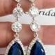 Wedding Bridal Earring Long LARGE Halo Dark Sapphire Blue Peardrop Cubic Zirconia Multi Round CZ Drops White Gold Plated  CZ Post Earrings
