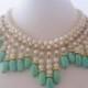 Vintage Statement Bib Necklace -Faux White Pearls And Turquoise-Green Art Glass Beads