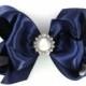 MORE COLORS Satin Hair Bow Navy Blue Double Layer Pearl Rhinestone Center - Extra Large Big 5 Inch Baby Girl - Boutique Hairbows Weddings