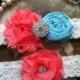 Wedding Garter - Coral-Aqua-Ivory Lace Garter Set - Bridal Garter - Vintage Garter - Prom Garter - Toss Garter - Rhinestone - Pearl