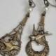 Antique Brass Filigree Bird Earrings, Ivory Pearl Long Dangle Earrings, Asymmetric Earrings, Victorian Inspired Bird Jewelry