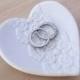 Ceramic ring holder. Heart shape ring dish with white lace. Perfect for wedding ring pillow, wedding gift. Ring bearer, White ring bowl