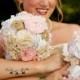 Shabby chic romantic rustic soft blush pink,white,ivory and burlap bridal wedding bouquet. Shabby chic fabric flowers.