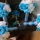 17 Piece Malibu Blue White Silver Wedding Flower Set, Bridal Bouquet, Malibu Blue Bouquet, Turquoise White Bouquet, Blue Wedding Bouquet