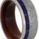 Lapis Lazuli pinstripe on a Meteorite Ring, Titanium ring with inner Wood Sleeve, Custom Wedding Band