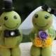 Turtle wedding cake topper, love turtles bride and groom with banner, customizable