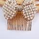 bow pearls and crystal hair comb ,  silver or gold hair comb, wedding rhinestone hair comb, veil comb - CB0006