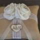 Custom Shabby Chic Vintage inspired Ivory Ranunculus Burlap Ring Bearer Pillow personalized with bride in groom initials in wood heart