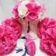Custom Order Wedding Bridal Bouquets Package Hot Pink Navy Blue White Roses Bridesmaids  Boutonnieres