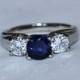 2ct Natural Blue Sapphire and White Sapphire Titanium Trellis Trilogy ring  - handmade engagement ring