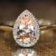 Morganite Halo Diamond Engagement Ring in 14k White Gold 9x6mm Pear Pink Morganite Ring (Custom Made Ring Available)