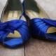 Wedding Shoes -- Royal Blue Peep Toe Kitten Heel Wedding Shoes with Off Center Matching Bow on the Toe