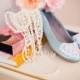 Wedding ballet flats low heel bridal shoes embellished with white organza lace, crystal sequins, and pearls - New