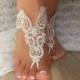 ivory Barefoot silver frame , french lace sandals, wedding anklet, Beach wedding barefoot sandals, embroidered scaly beaded pearls sexy