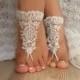 ivory Barefoot silver frame , french lace sandals, wedding anklet, Beach wedding barefoot sandals, embroidered scaly beaded pearls sexy