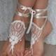 ivory metallic reflective Barefoot , french lace sandals, wedding anklet, Beach wedding barefoot sandals, embroidered sandals.