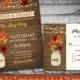 Fall Wedding Invitations Rustic Mason Jar Country Wedding Invitations with Fall Leaves and Lights- on wood grain background- DIY printable-