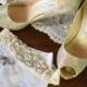 SALE Wedding Garter, Single Bridal Garter, Ivory Stretch Lace With An Elegant Crystal Rhinestones & Pearl Applique Garter