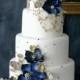 White Blue Gold Wedding Cake