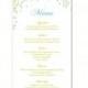 Wedding Menu Template DIY Menu Card Template Editable Text Word File Instant Download Green Menu Leaf Menu Template Blue Printable 4x7inch