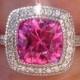 Pink Sapphire Engagement Ring, 2.3 Carat Hot Pink Chatham Sapphire In White Gold Milgrain Bezel Diamond Halo Engagement Ring
