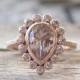Pear Champagne Peach Sapphire Diamond Halo Ring in 14K Rose Gold - New