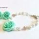 SALE - FREE EARRINGS - Mint green rose and Pearls Bracelet, Rose Bracelet, Mint Bridesmaid Jewelry, Rose Jewelry, summer Jewelry