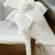 Custom Wedding Shoes -- White Platform Heels With Lace Overlay, White Bow And Swarovski Rhinestone Details