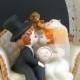 Wedding Cake Topper, Vintage C1970, Wilton, Hong Kong, Ceramic Bride And Groom Kissing On Loveseat, White Tulle & Flower